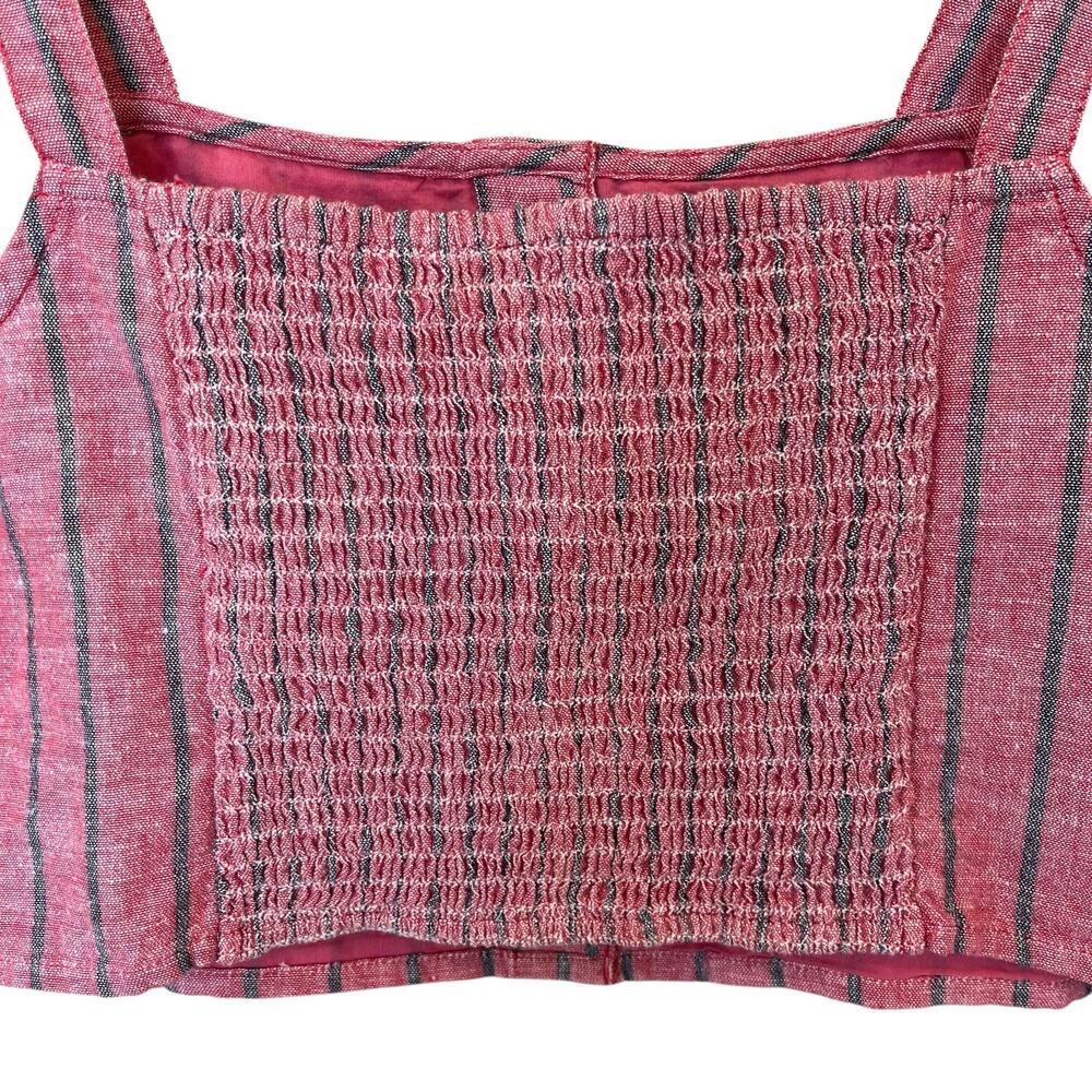 American Eagle Crop Top Sz Medium Washed Red Black Stripe Cotton Linen Smocked - Picture 4 of 9